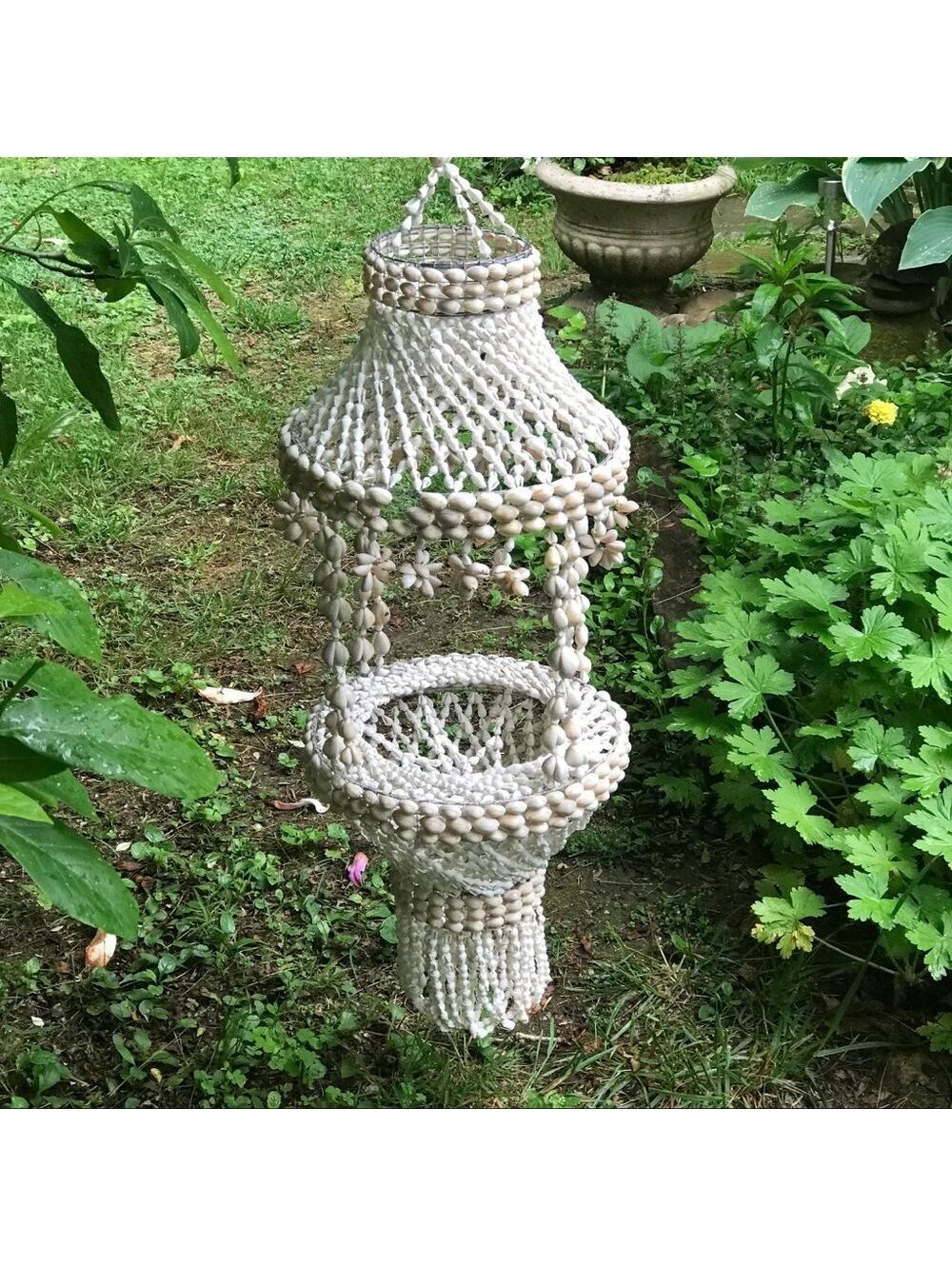 Boho Beach Seashell Plant Hanger Cowrie Mini Shells Ivory Tiered Planter VTG 70s